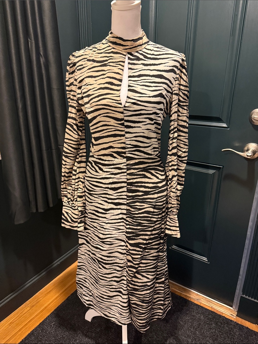 A.L.C. Zebra-Print Long Sleeve Midi Dress in Black and Cream